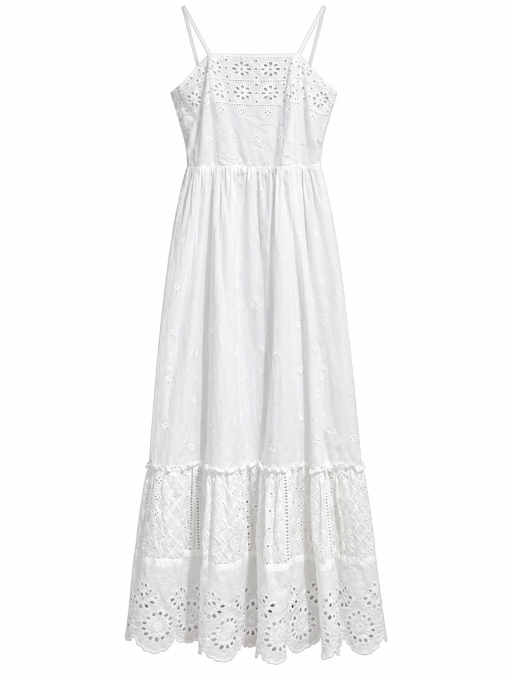 Japna White Cotton Eyelet Tiered Midi Dress Smocked Cottagecore Boho | Medium